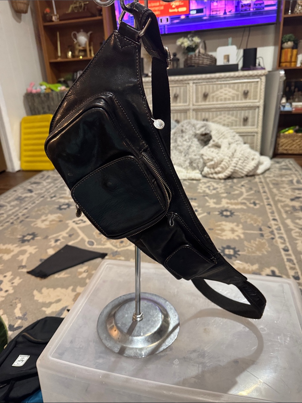 Men's Black Leather Sling Belt Bag - Minimalist Crossbody Carry